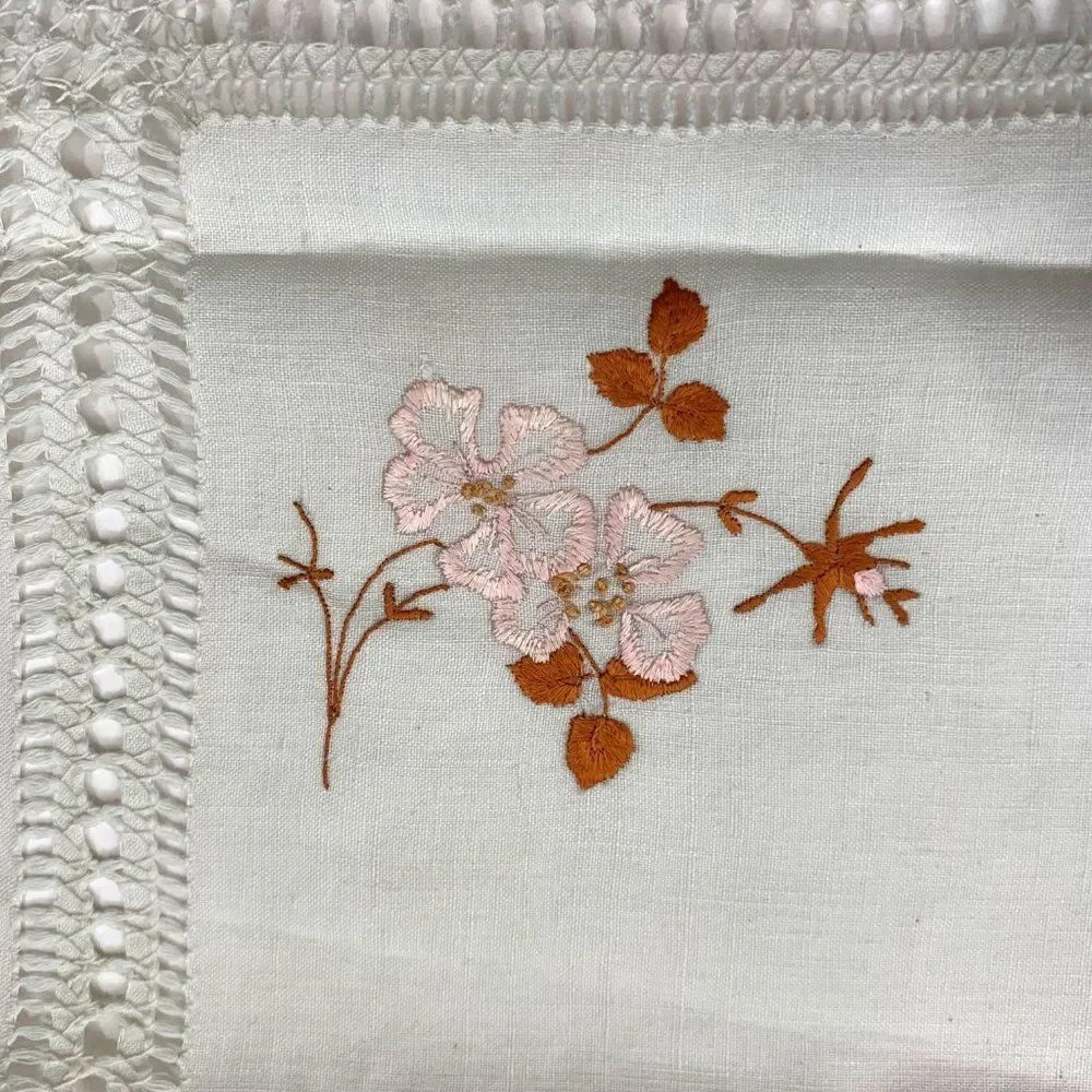 Vintage Floral Embroidered Doily Pulled Thread Square Topper Shabby Cottage Core